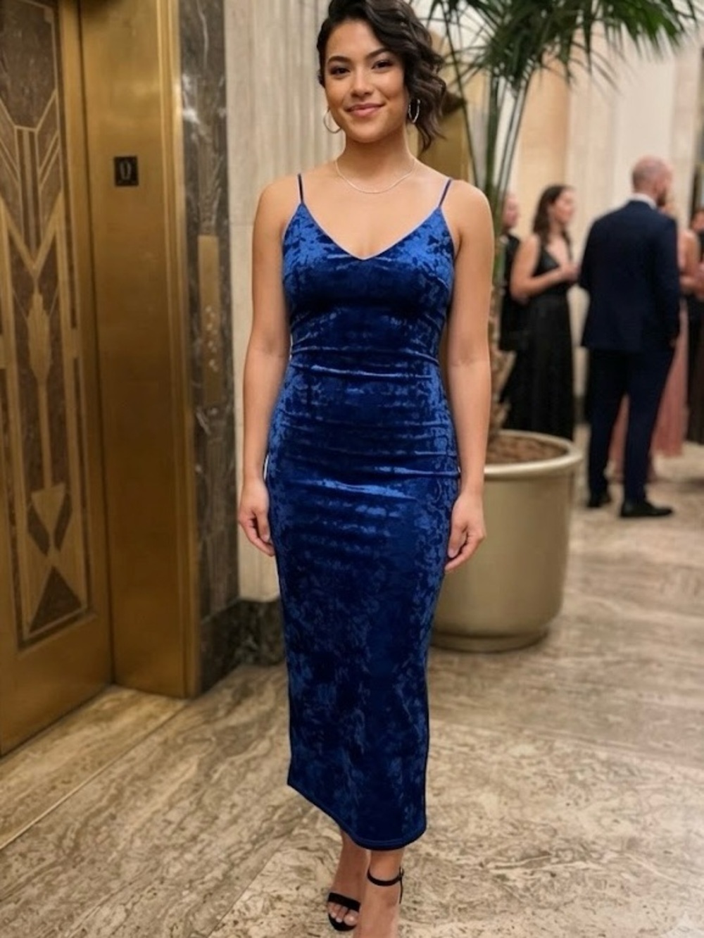 Forever 21 Royal Blue Crushed Velvet Midi Dress Spaghetti Straps Rich Texture